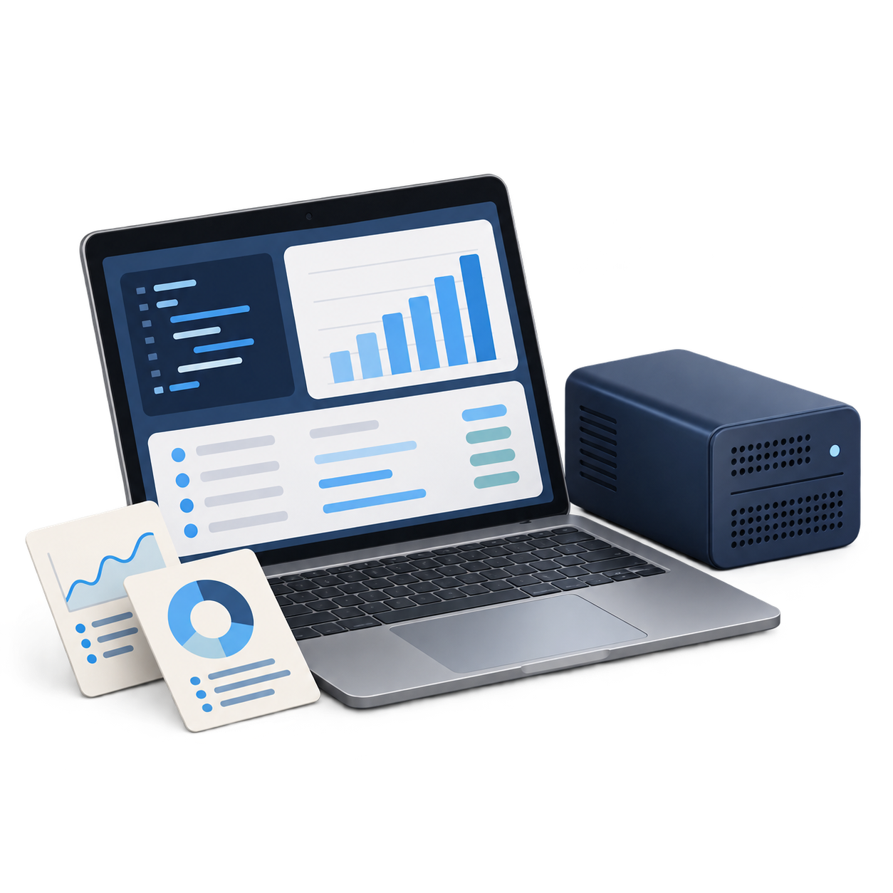 Laptop displaying API analytics beside a compact server and chart cards
